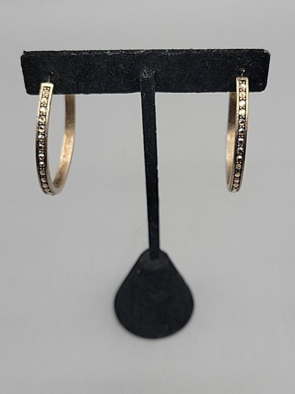 Vintage Givenchy AB Swarovski Crystal Pave Hoop Earrings Gold Plated 1990s 1.5" - Picture 8 of 15